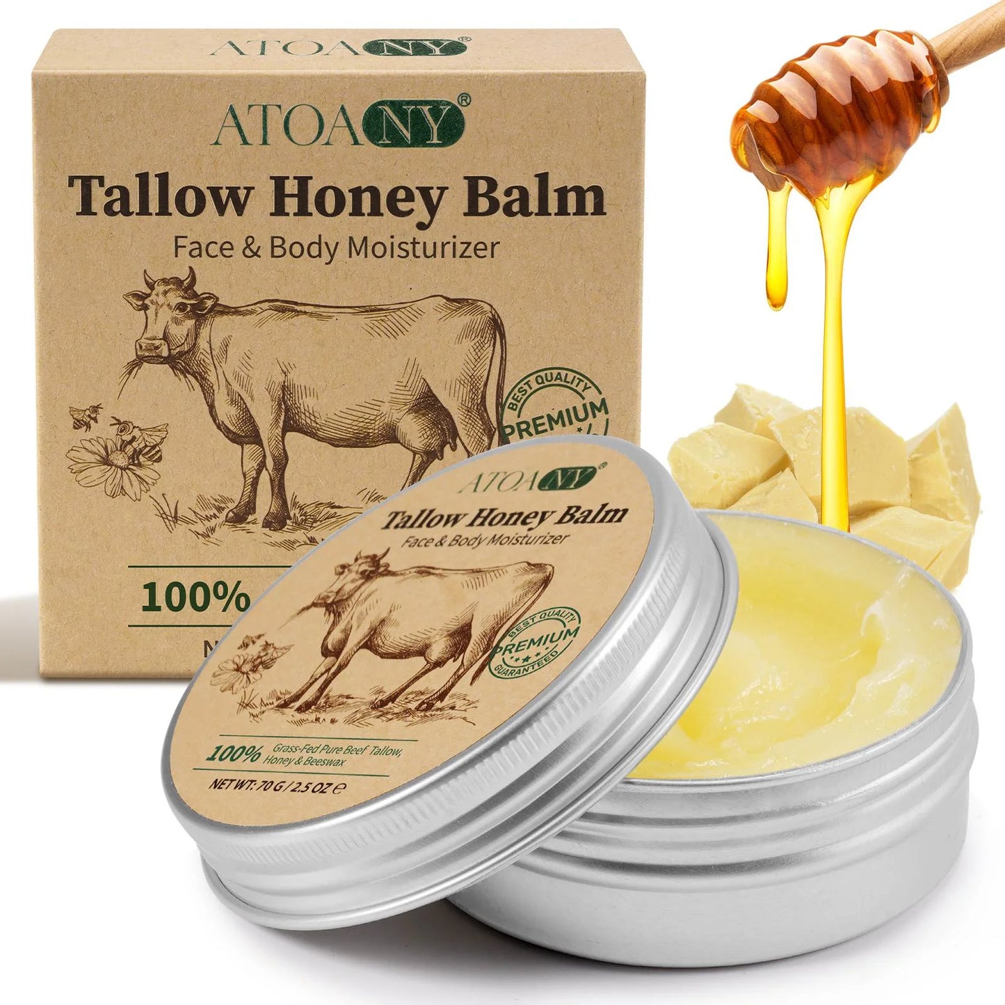 ATOANY Organic Grass-Fed Beef Tallow Balm, All-Natural Face & Body Moisturizer Cream, Skin Care for Sensitive Skin, 2.5 Oz (2Pack)