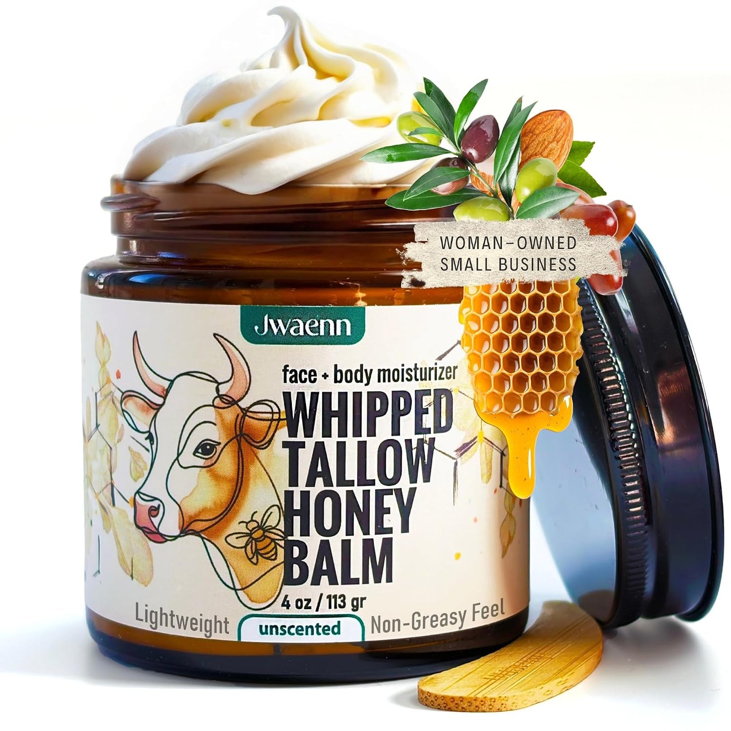 Whipped Tallow and Honey Balm Grass-Fed Beef Tallow for Skin, Face & Body Moisturizer for Dry & Sensitive Skin, Lightweight, Fast-Absorbing, Non-Greasy 4 Oz