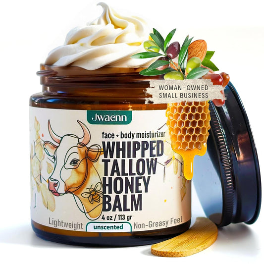 Whipped Tallow and Honey Balm Grass-Fed Beef Tallow for Skin, Face & Body Moisturizer for Dry & Sensitive Skin, Lightweight, Fast-Absorbing, Non-Greasy 4 Oz