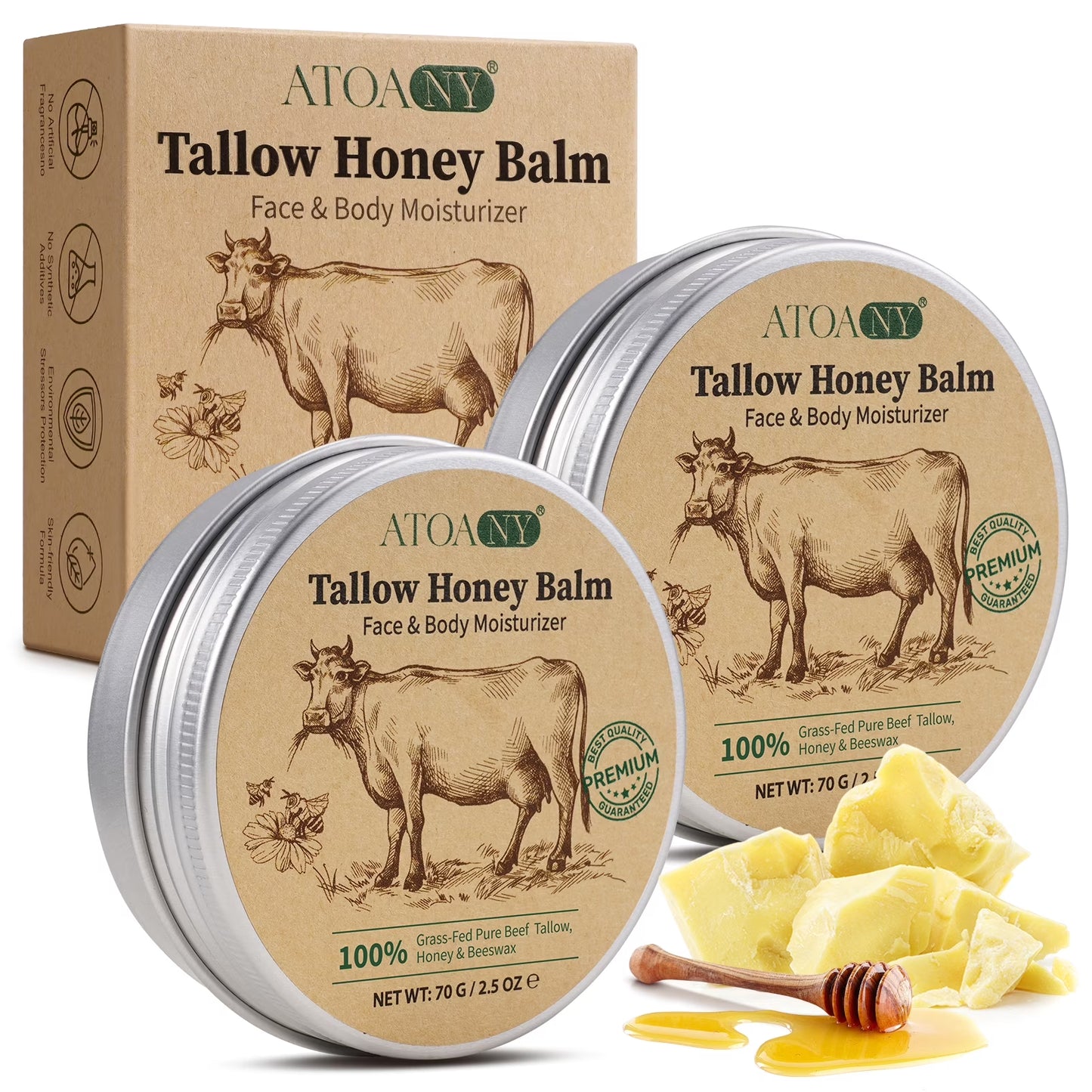 ATOANY Organic Grass-Fed Beef Tallow Balm, All-Natural Face & Body Moisturizer Cream, Skin Care for Sensitive Skin, 2.5 Oz (2Pack)