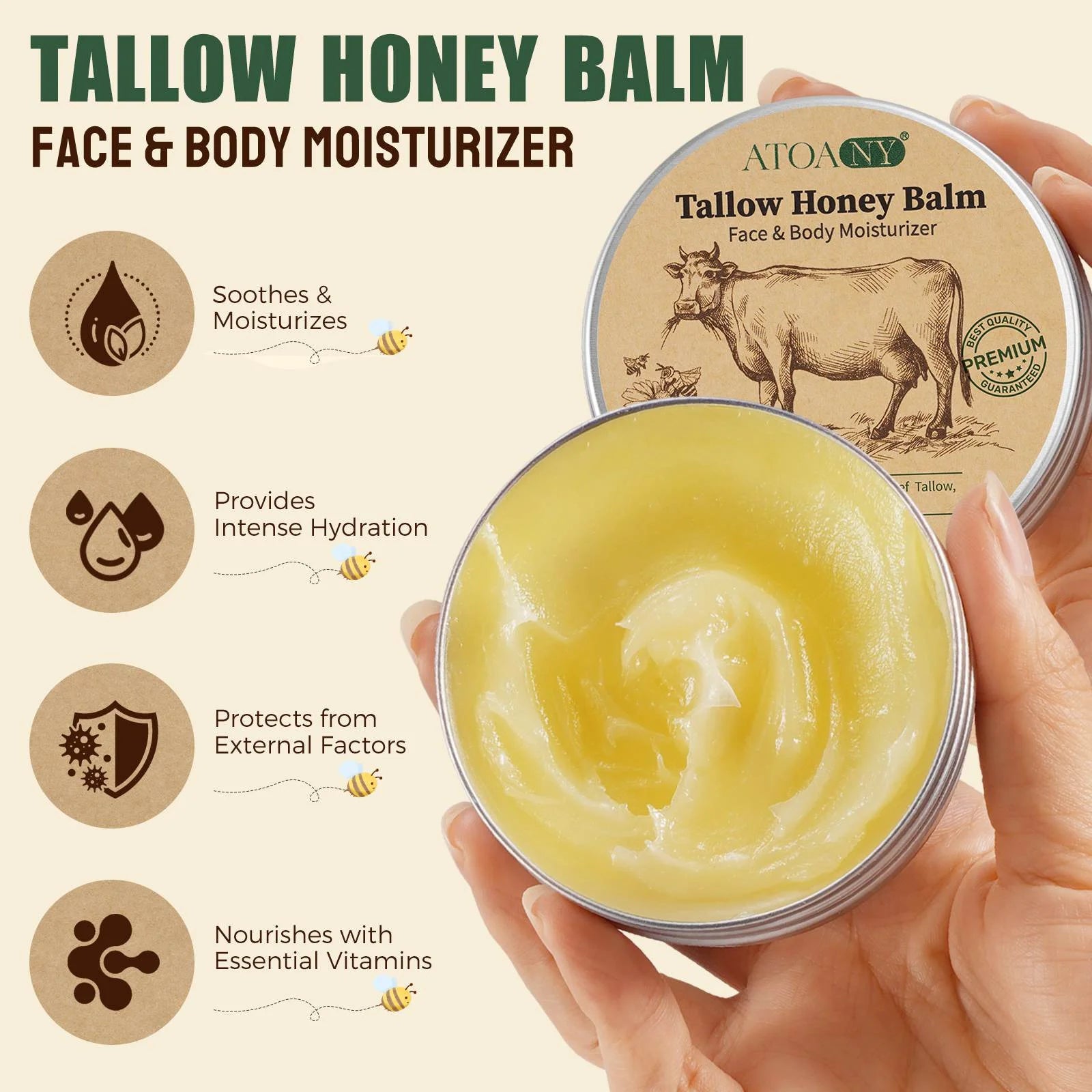 ATOANY Organic Grass-Fed Beef Tallow Balm, All-Natural Face & Body Moisturizer Cream, Skin Care for Sensitive Skin, 2.5 Oz (2Pack)