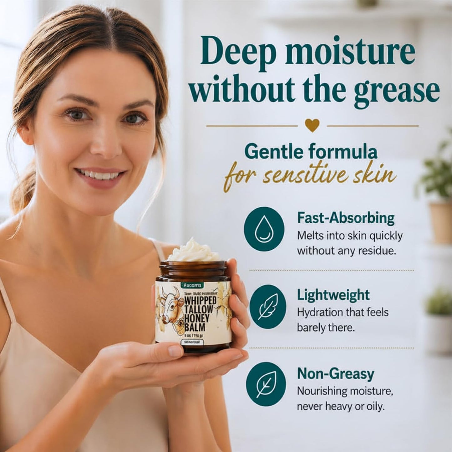 Whipped Tallow and Honey Balm Grass-Fed Beef Tallow for Skin, Face & Body Moisturizer for Dry & Sensitive Skin, Lightweight, Fast-Absorbing, Non-Greasy 4 Oz