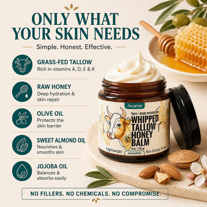 Whipped Tallow and Honey Balm Grass-Fed Beef Tallow for Skin, Face & Body Moisturizer for Dry & Sensitive Skin, Lightweight, Fast-Absorbing, Non-Greasy 4 Oz