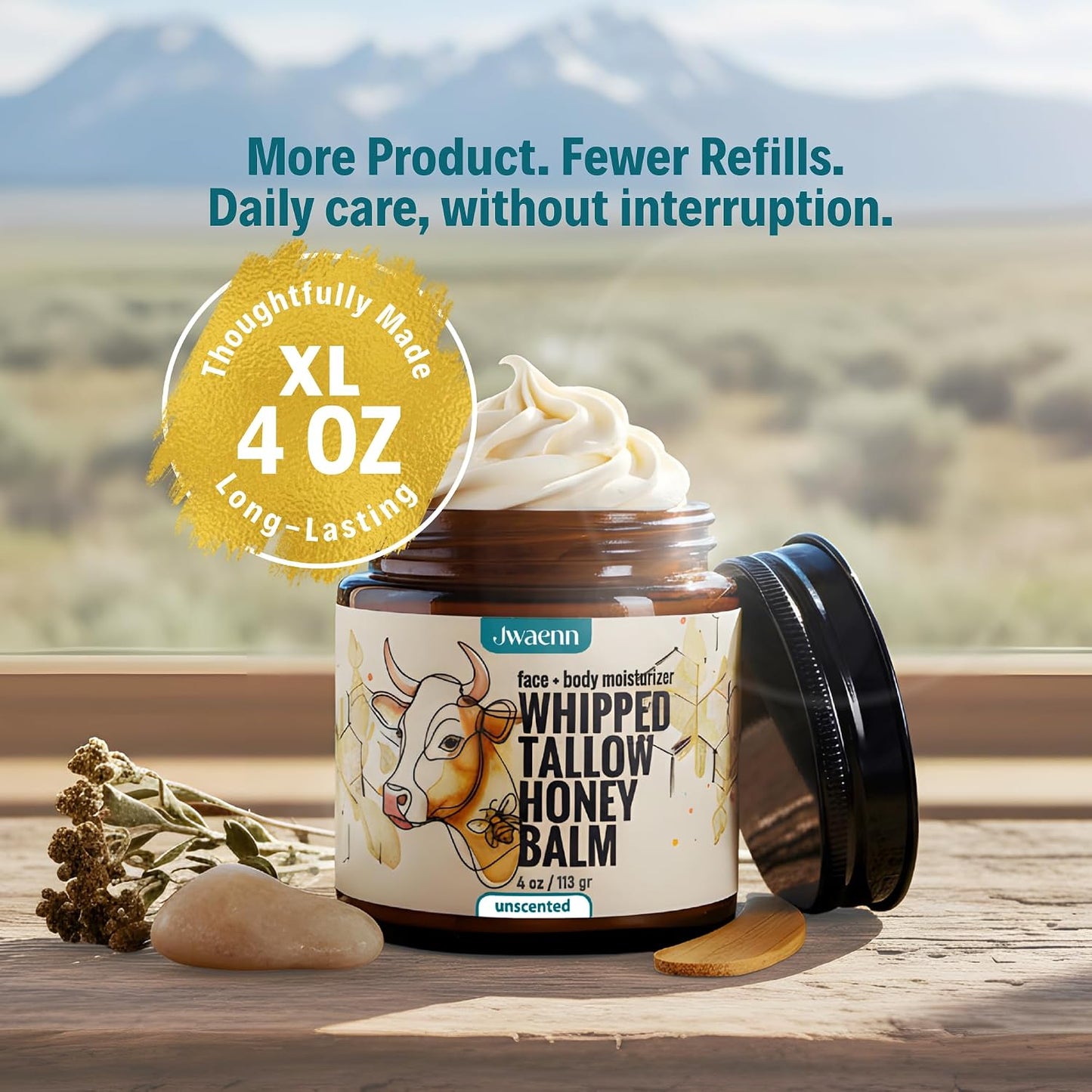 Whipped Tallow and Honey Balm Grass-Fed Beef Tallow for Skin, Face & Body Moisturizer for Dry & Sensitive Skin, Lightweight, Fast-Absorbing, Non-Greasy 4 Oz
