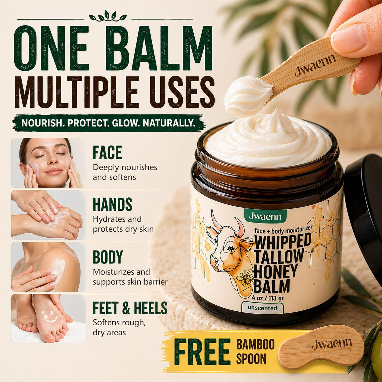 Whipped Tallow and Honey Balm Grass-Fed Beef Tallow for Skin, Face & Body Moisturizer for Dry & Sensitive Skin, Lightweight, Fast-Absorbing, Non-Greasy 4 Oz